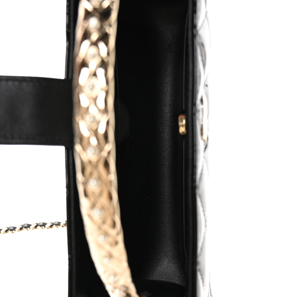 Patent Calfskin Quilted Pearl Clutch With Chain Black