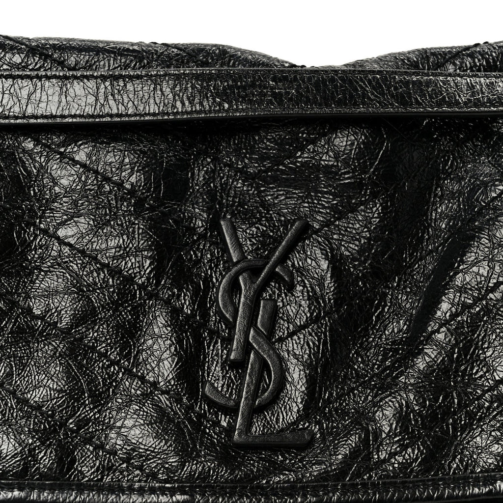 Crinkled Calfskin Matelasse Monogram Medium Niki Chain Satchel Black