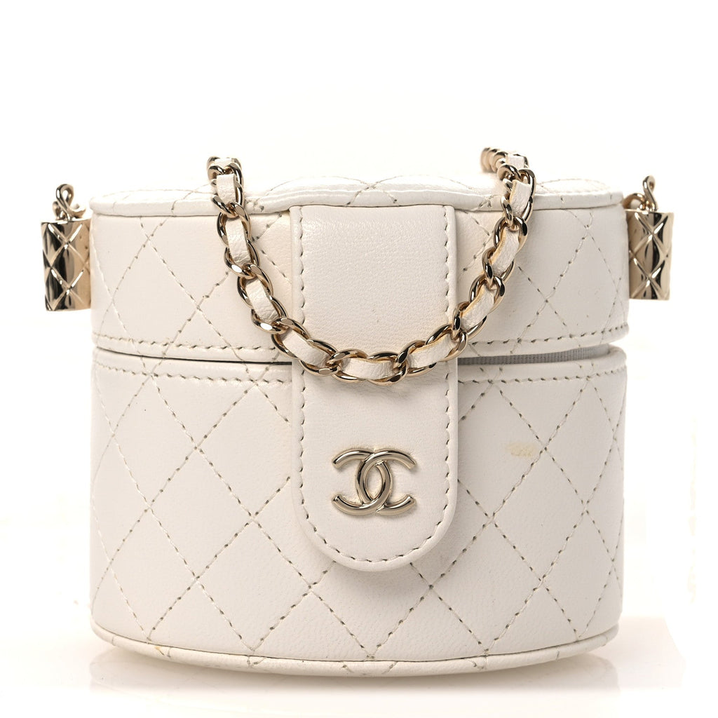 Lambskin Quilted Round Mini Vanity Case With Chain Case With Chain White