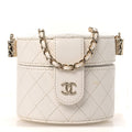Lambskin Quilted Round Mini Vanity Case With Chain Case With Chain White
