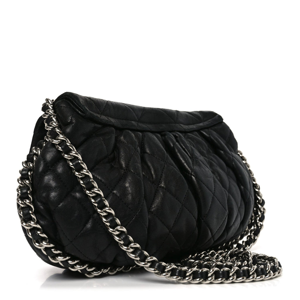Washed Lambskin Quilted Medium Chain Around Messenger Black