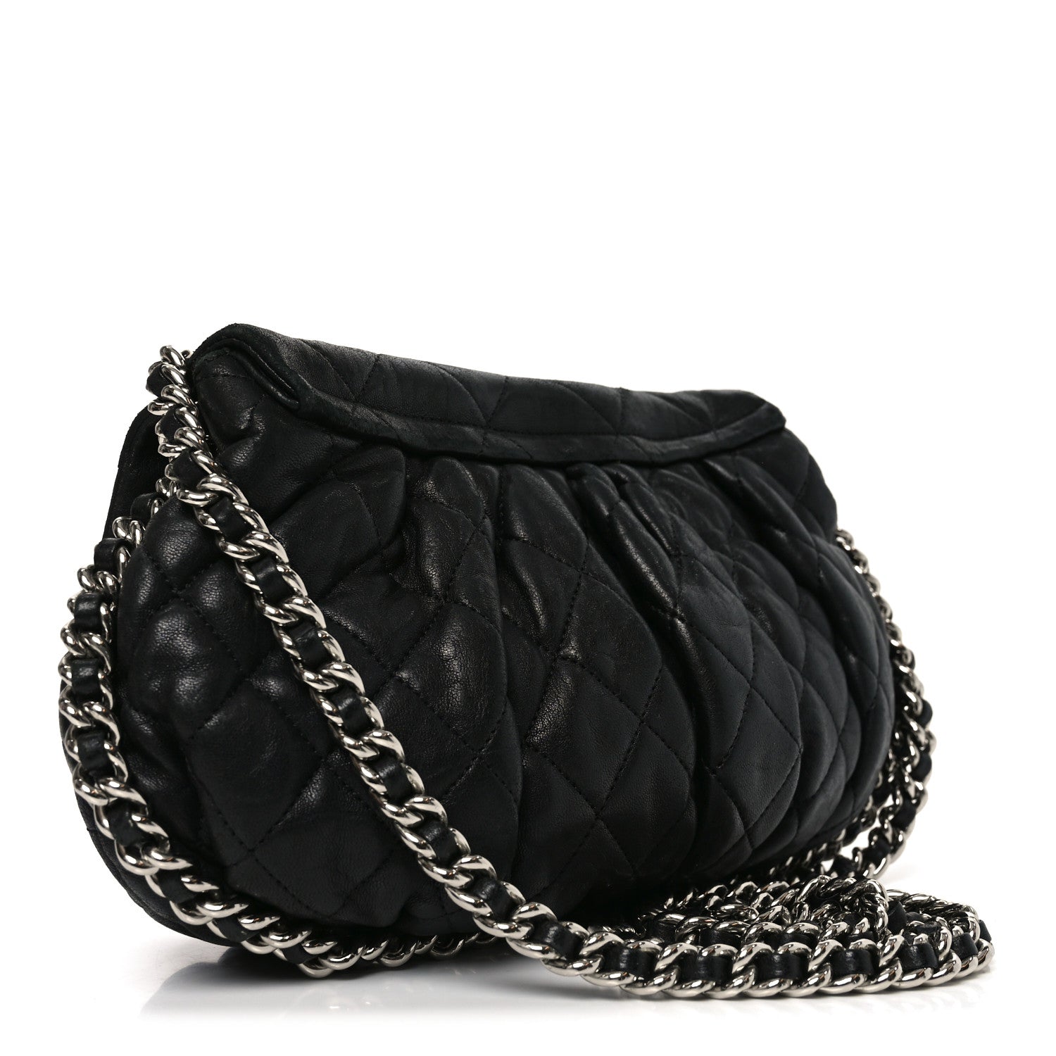 Washed Lambskin Quilted Medium Chain Around Messenger Black