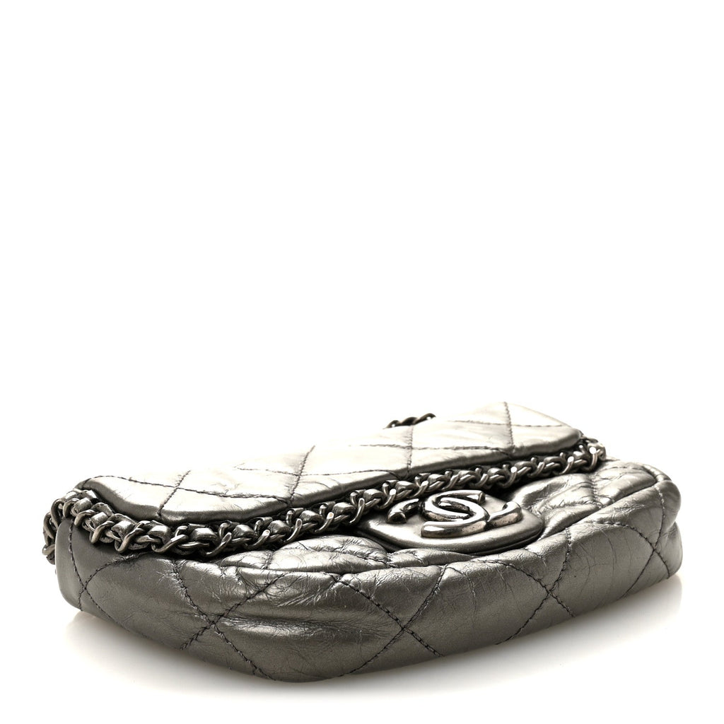 Metallic Aged Calfskin Mini Chain Me Flap Pewter