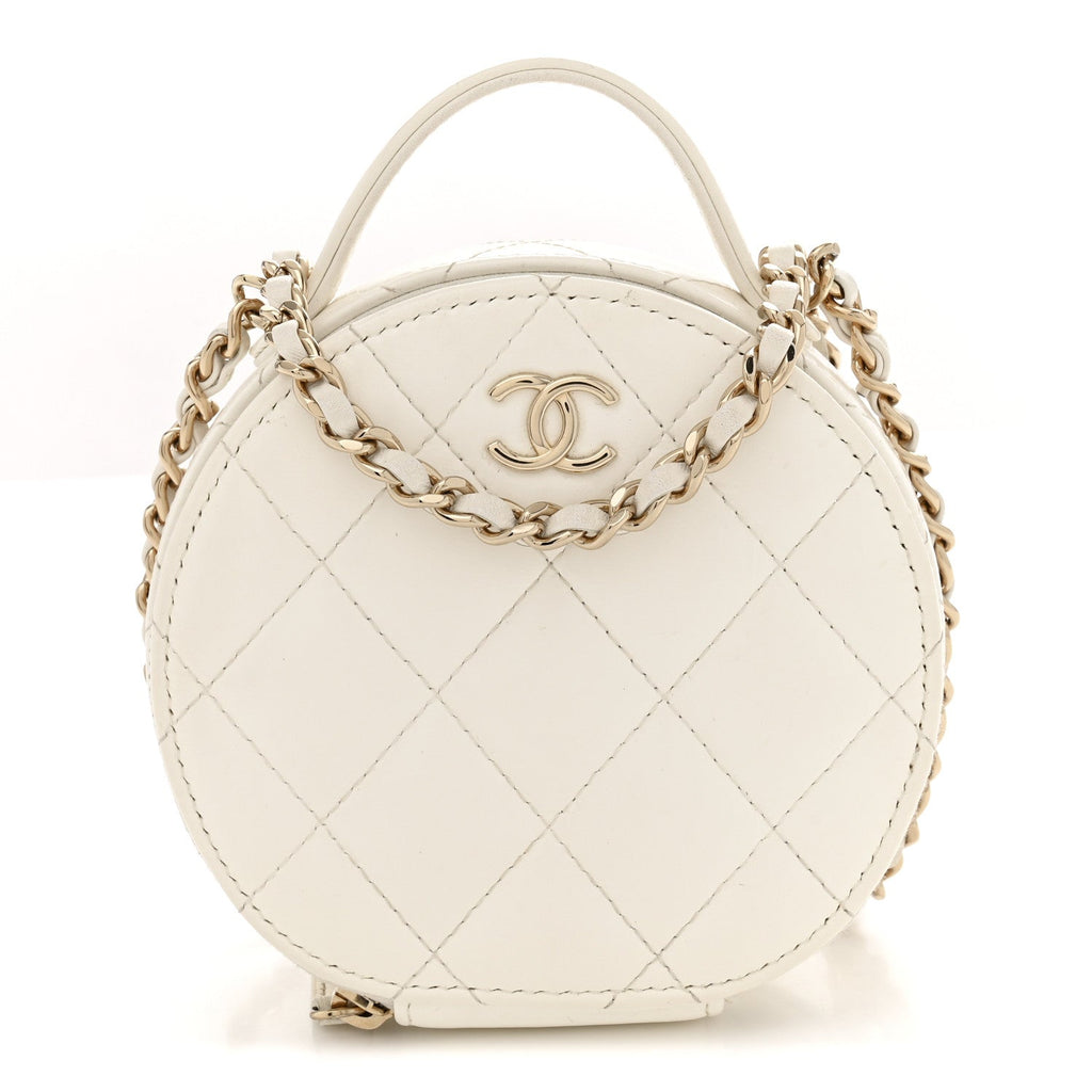 Lambskin Quilted Round Handle With Care Vanity With Chain White