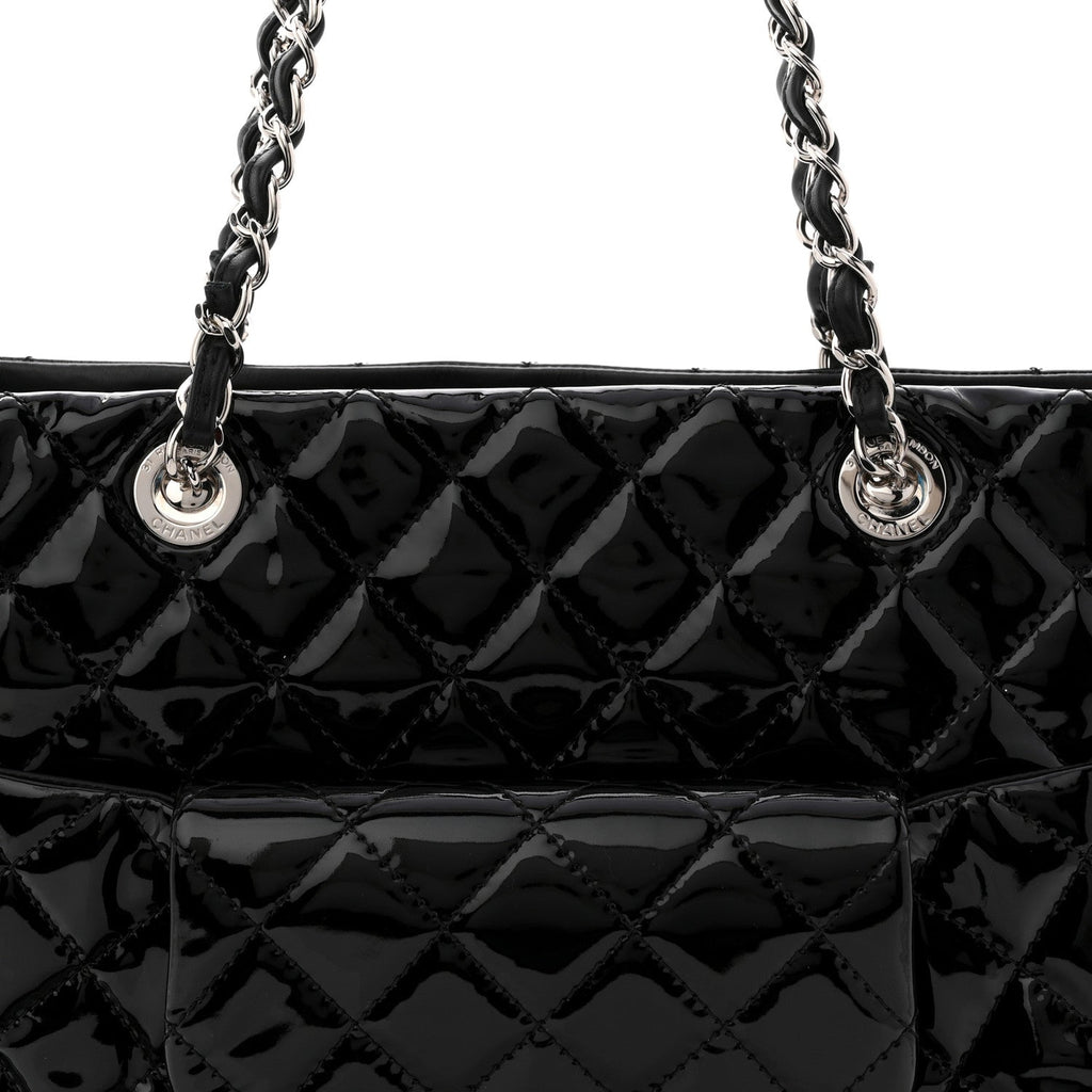 Patent Quilted Large Coco Shine Shopping Tote Black