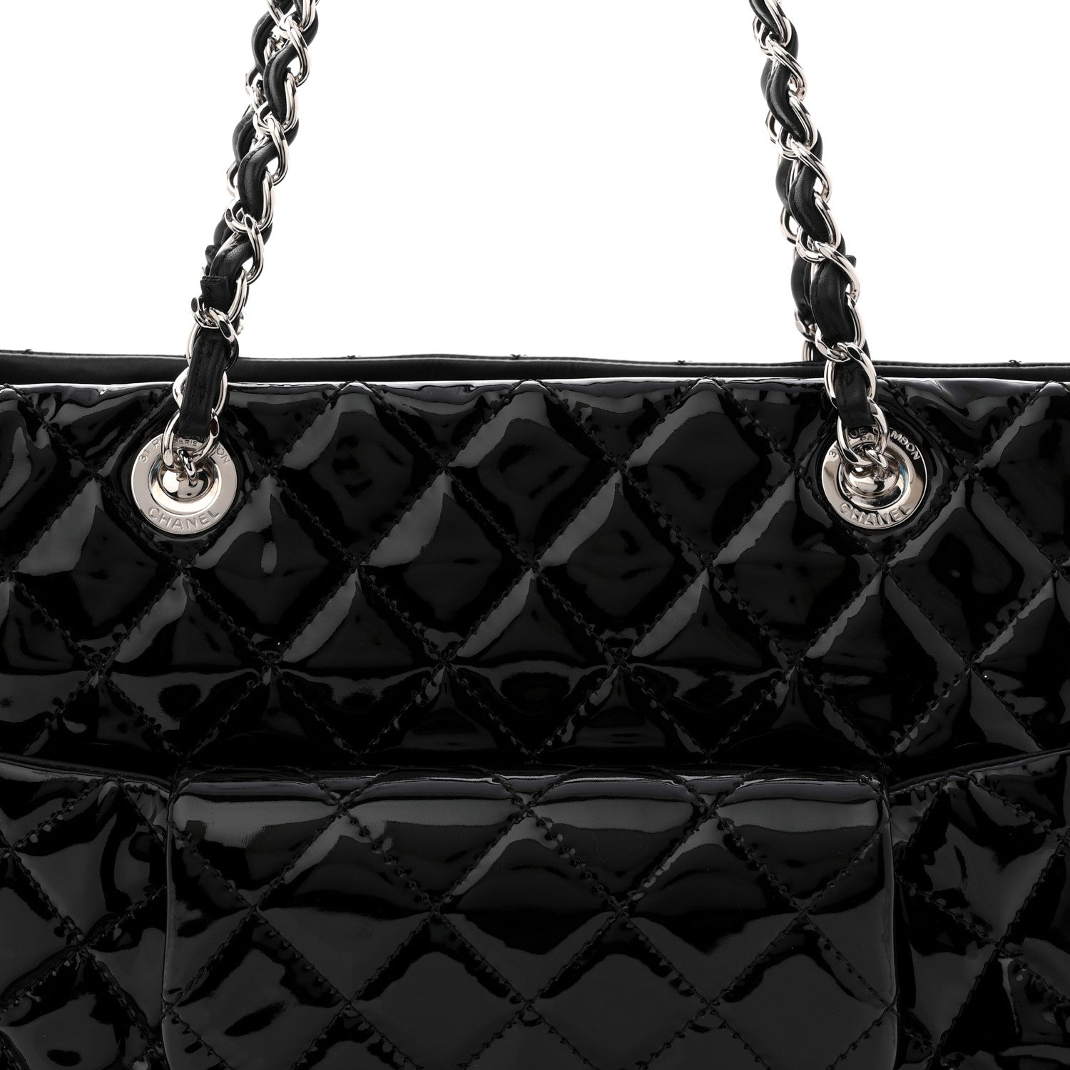 Patent Quilted Large Coco Shine Shopping Tote Black