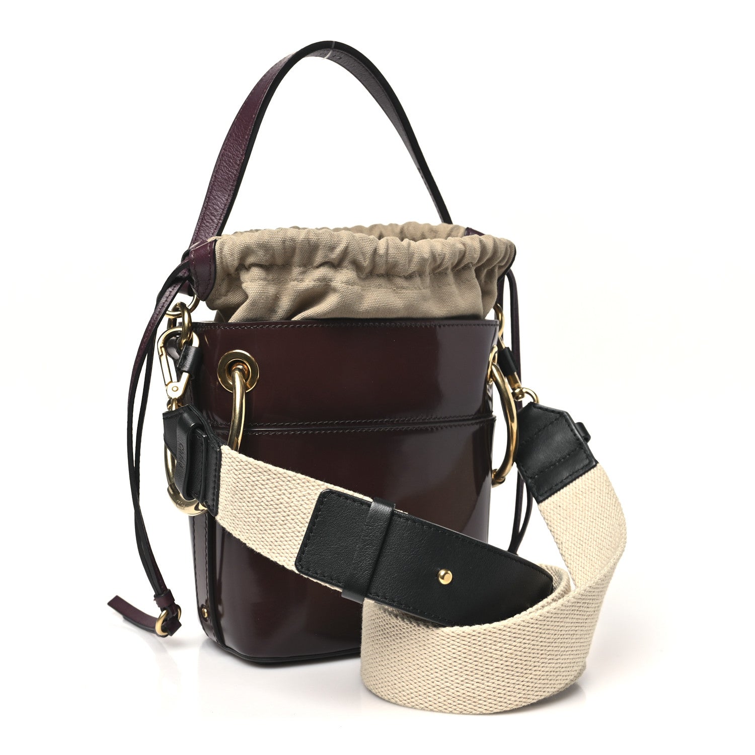 Patent Calfskin Mini Roy Bucket Bag Burnt Brown