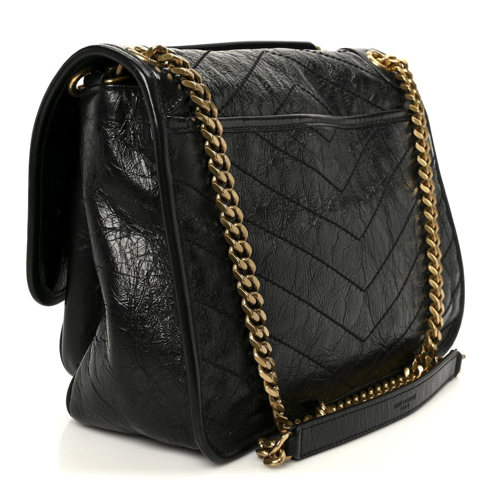 Crinkled Calfskin Matelasse Monogram Medium Niki Chain Satchel Black
