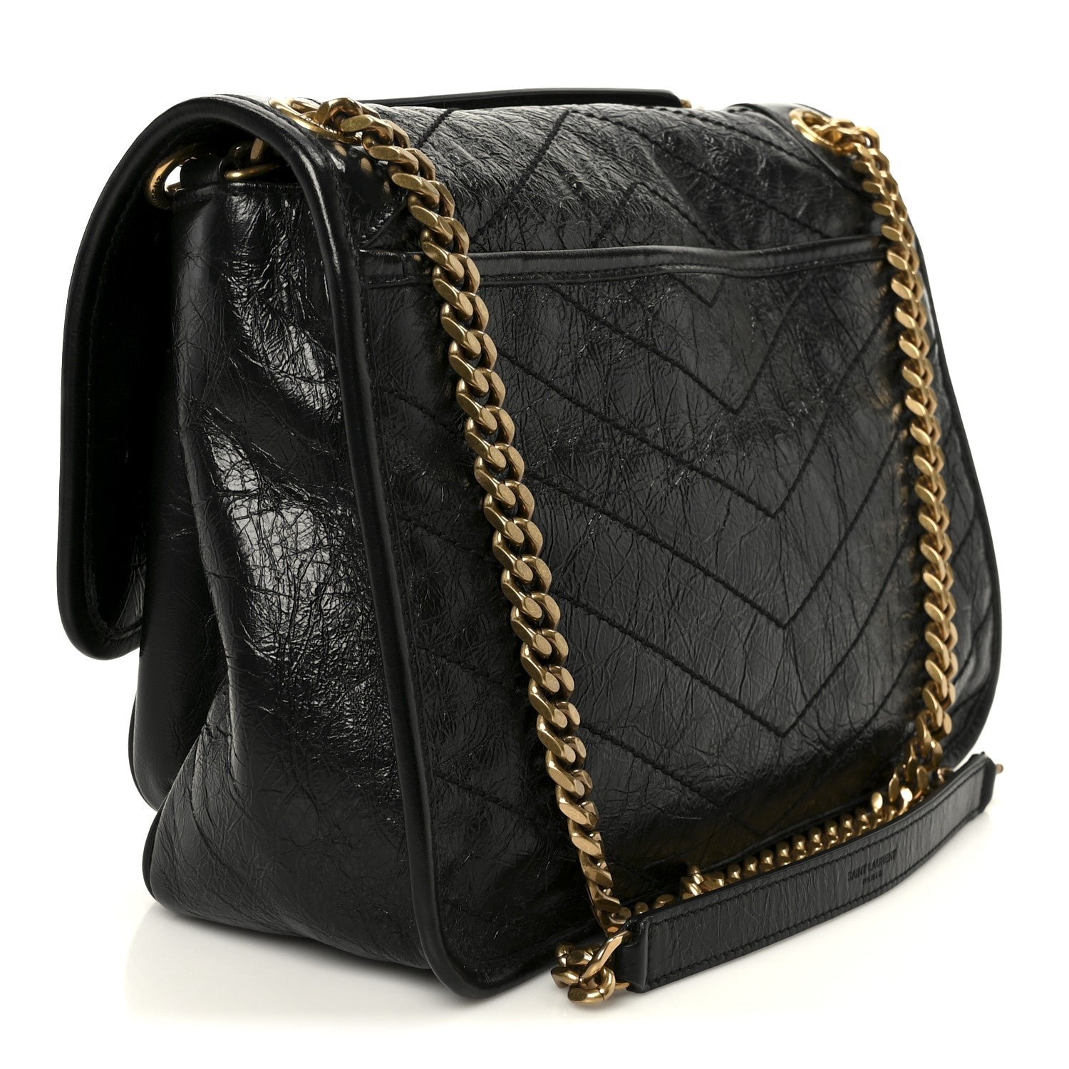 Crinkled Calfskin Matelasse Monogram Medium Niki Chain Satchel Black