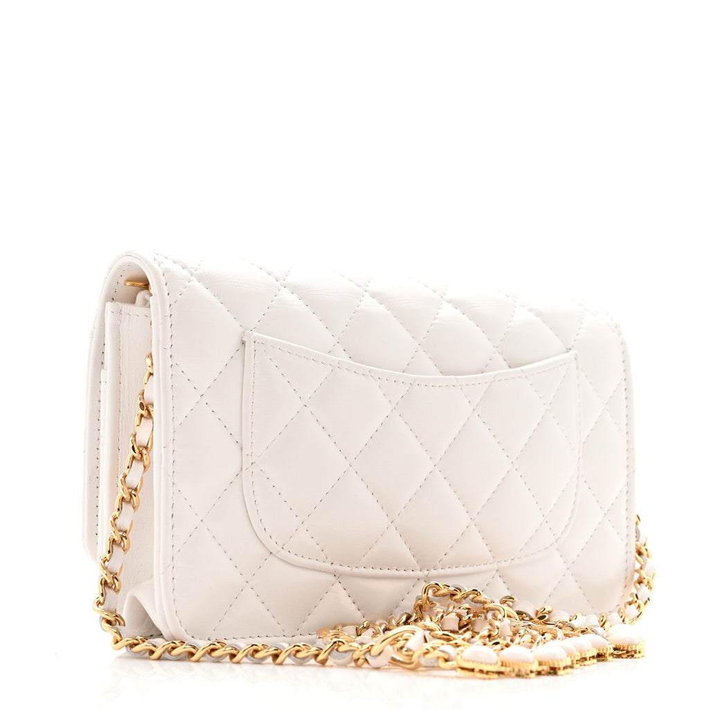 Shiny Crumpled Calfskin Quilted Enamel Heart Wallet On Chain WOC White