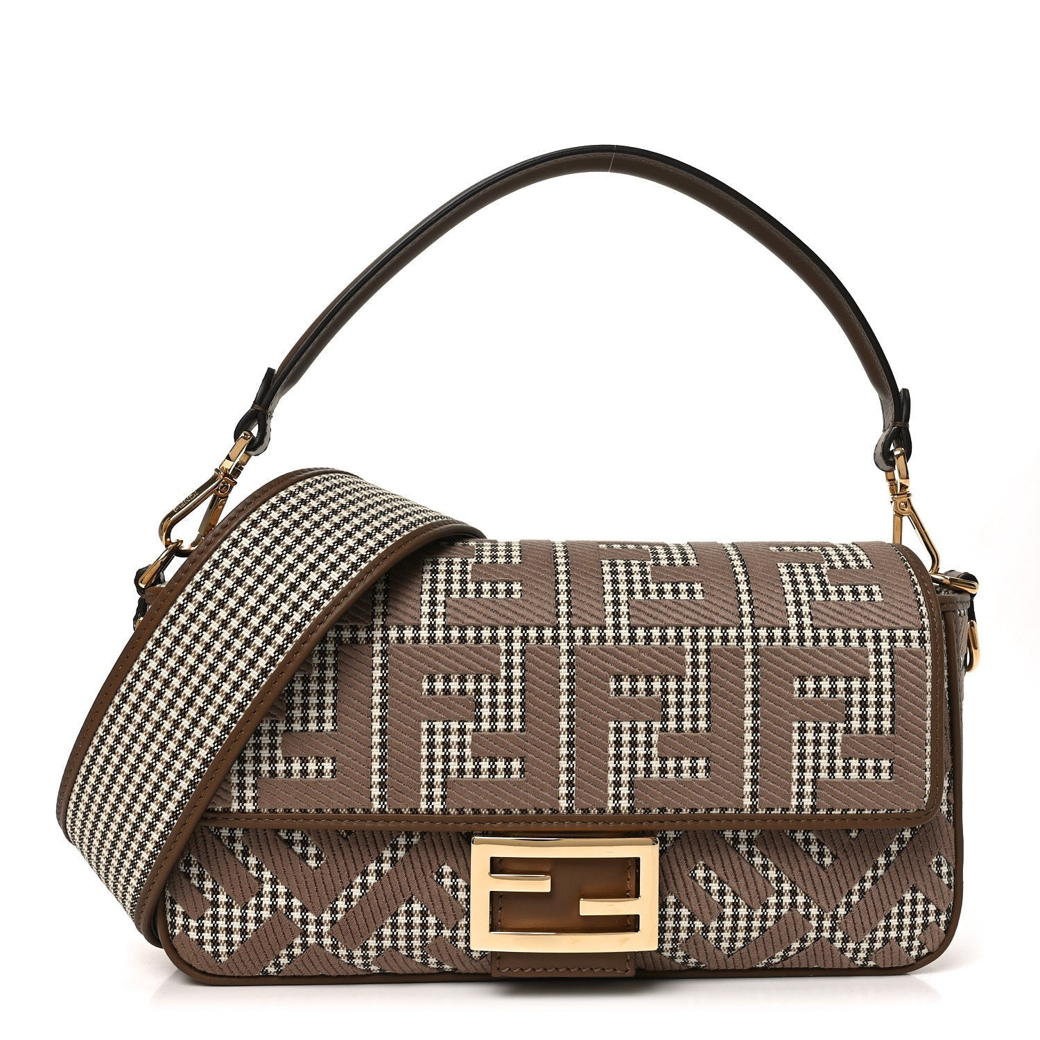 Wool Vitello King Houndstooth FF Embroidered Baguette Beige Moro