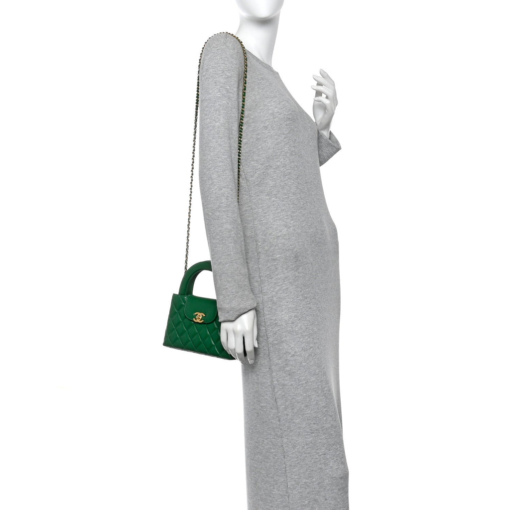 Shiny Aged Calfskin Quilted Nano Kelly Shopper Green