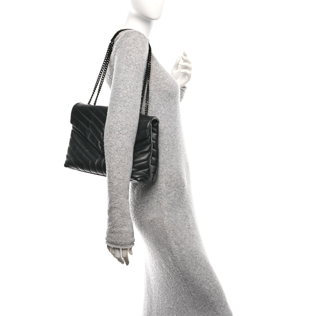 Calfskin Y Quilted Monogram Monochrome Medium Loulou Chain Satchel Black