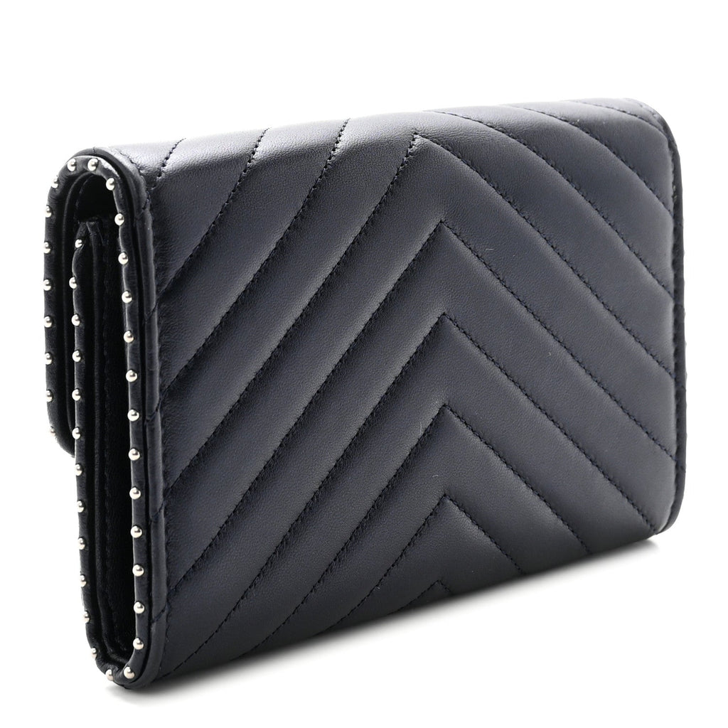 Lambskin Chevron Quilted Studded Small Flap Wallet Navy Blue