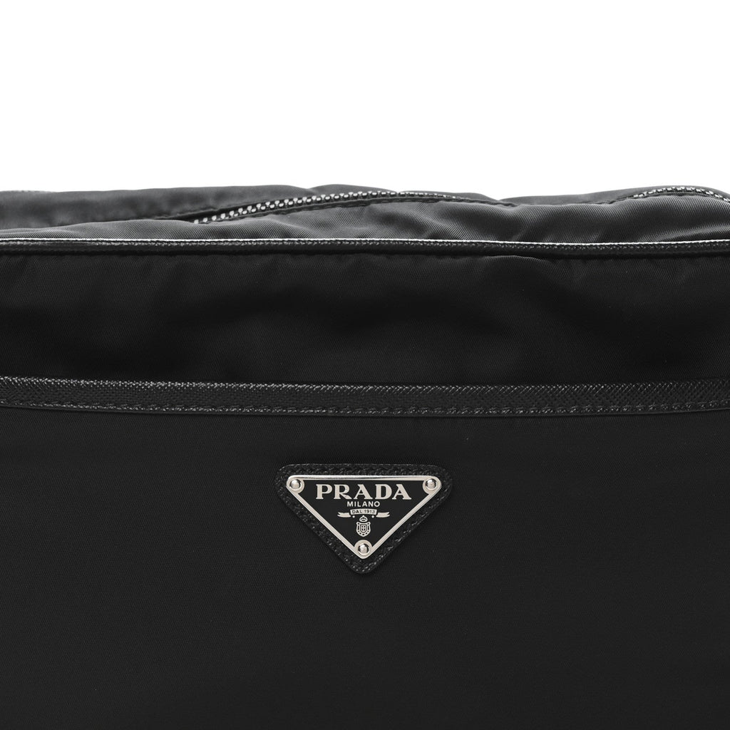Re-Nylon Vela Saffiano Pocket Double Zip Shoulder Bag Black