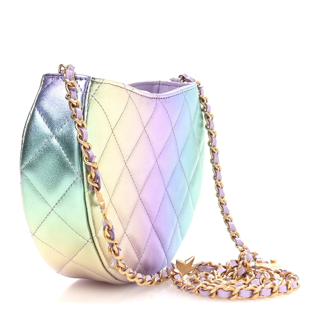 Gradient Metallic Lambskin Quilted Hobo Bag Pink Purple Green