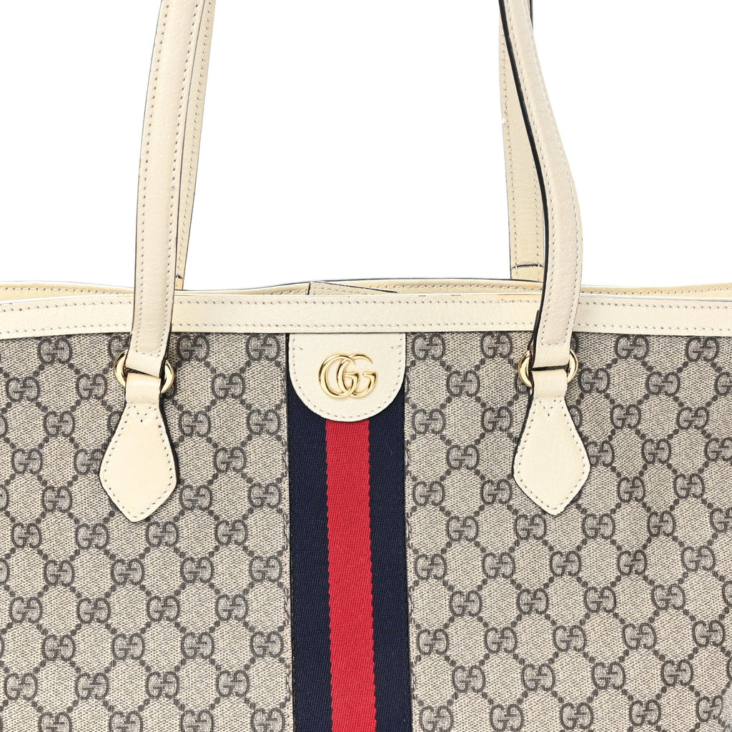 GG Supreme Monogram Textured Dollar Calfskin Web Medium Ophidia Shopping Tote Beige Ebony Mystic White