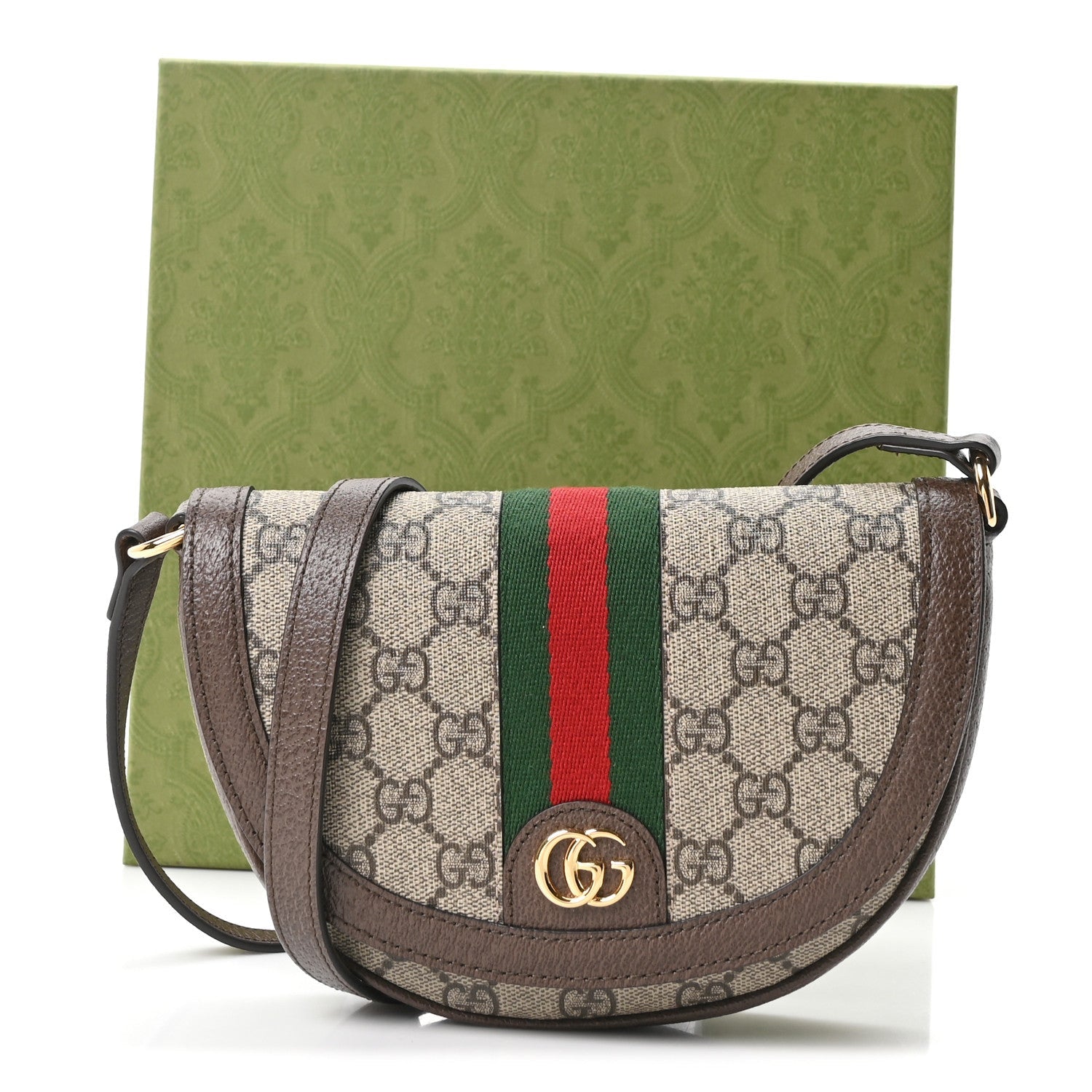 GG Supreme Monogram Textured Dollar Calfskin Web Mini Ophidia Flap Shoulder Bag Beige Ebony New Acero