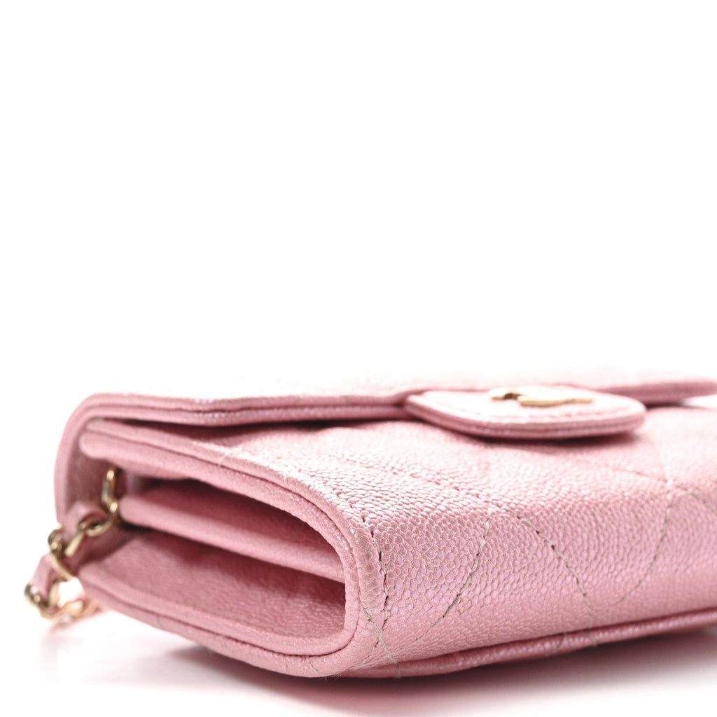 Iridescent Caviar Quilted Flap  Holder On Chain Pink