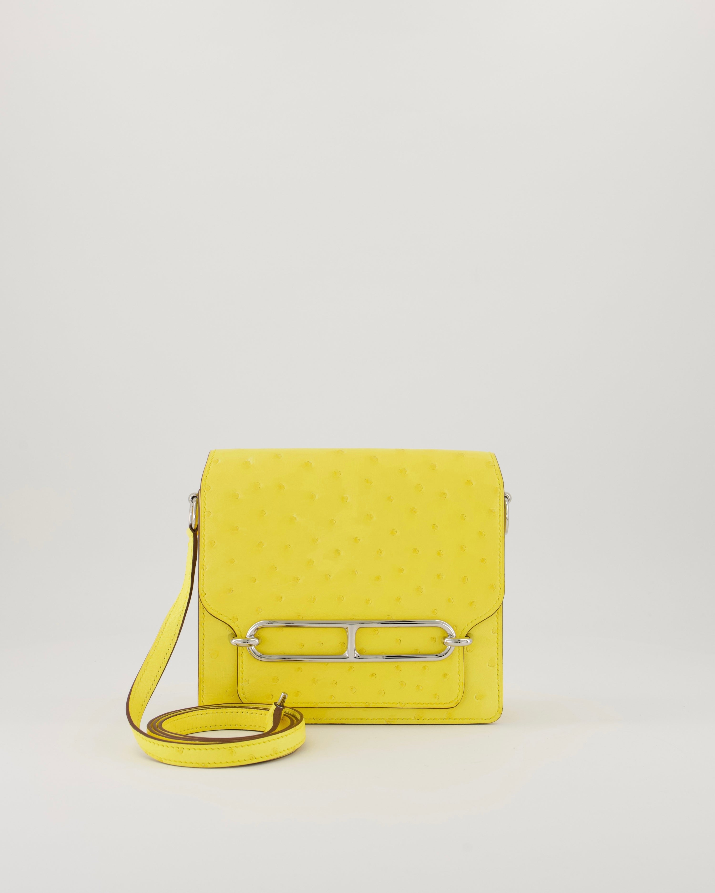Hermès Mini Roulis 18 in Jaune Citron Ostrich Leather with Palladium Hardware