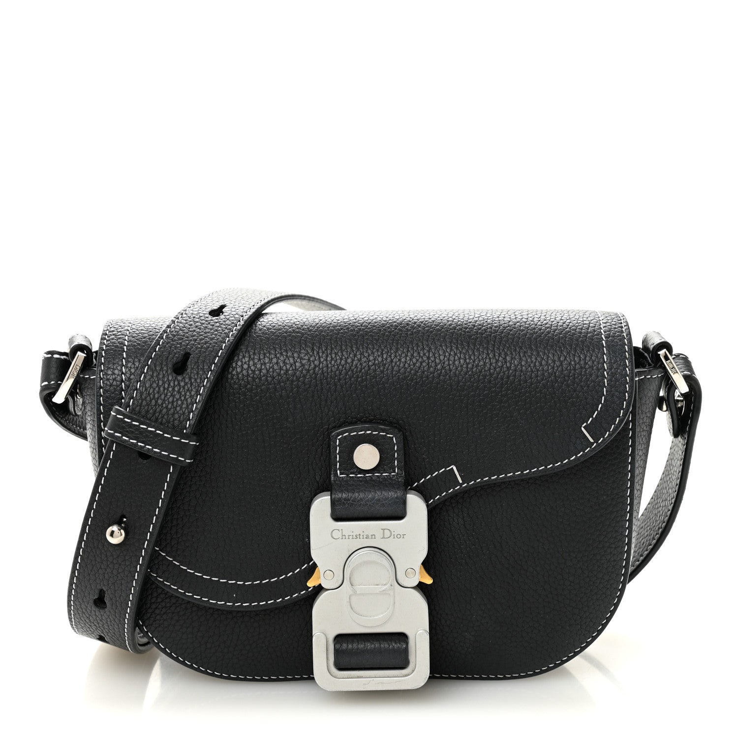 Grained Calfskin Saddle Messenger Bag With Strap Black