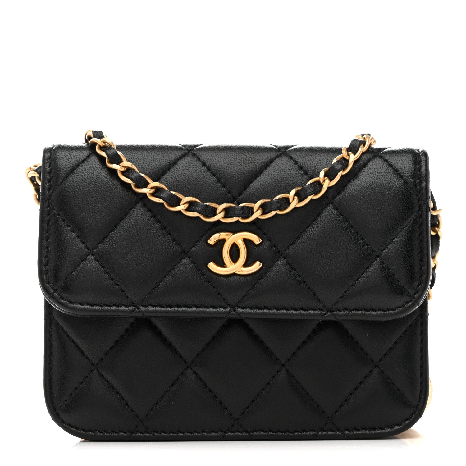 Lambskin Quilted Pearl Crush Clutch With Chain Black