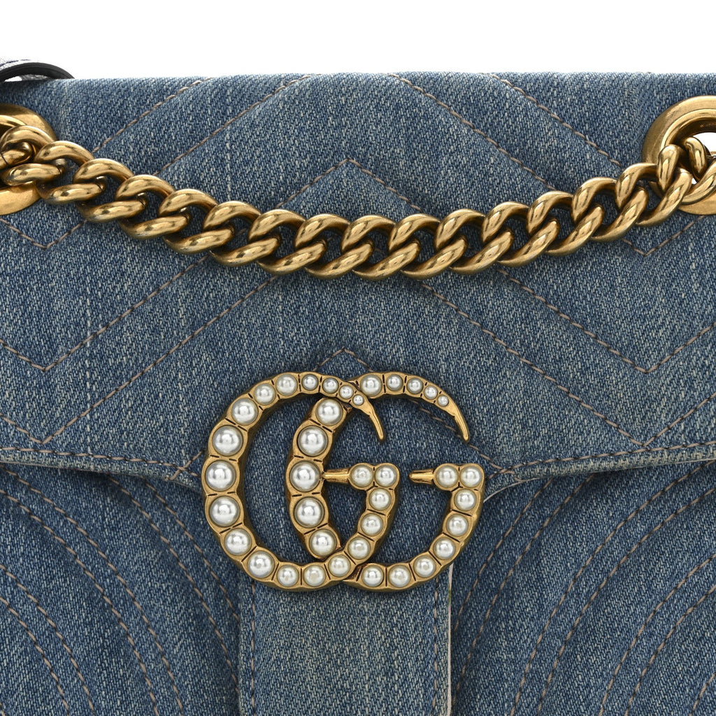 Denim Matelasse Small Pearly GG Marmont Shoulder Bag Blue