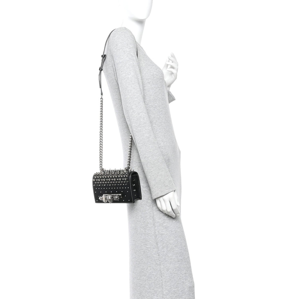 Calfskin Spike Studded Knuckle Satchel Black Silver