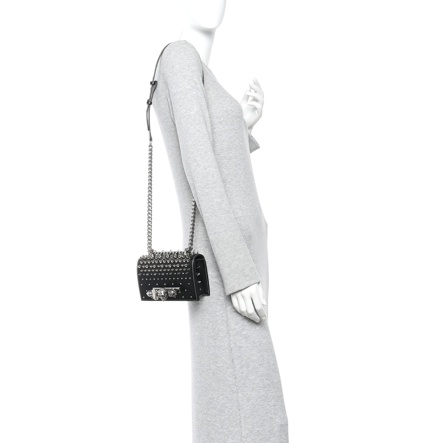 Calfskin Spike Studded Knuckle Satchel Black Silver