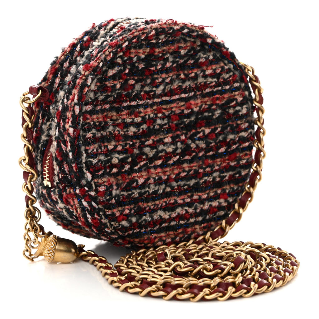 Tweed Quilted Round Clutch With Chain Red