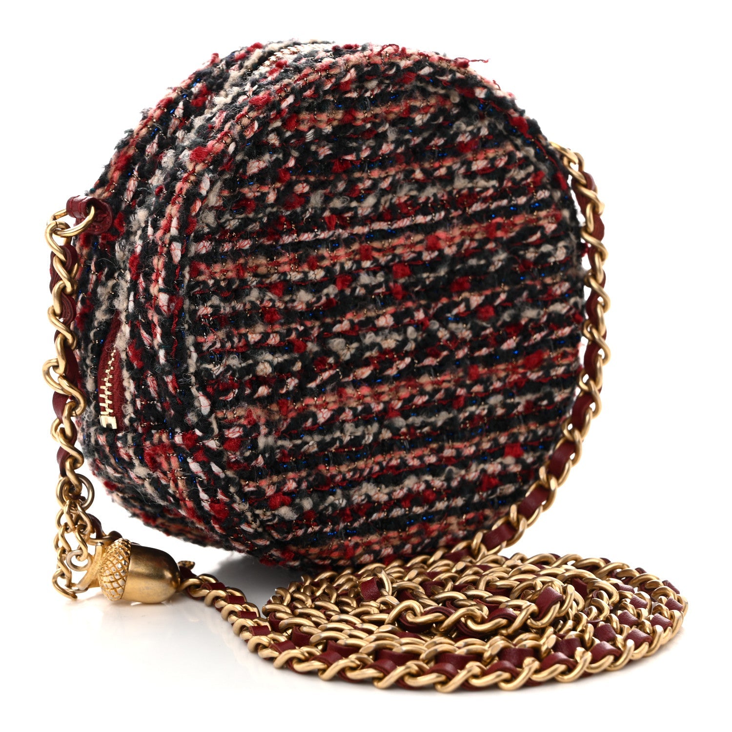 Tweed Quilted Round Clutch With Chain Red