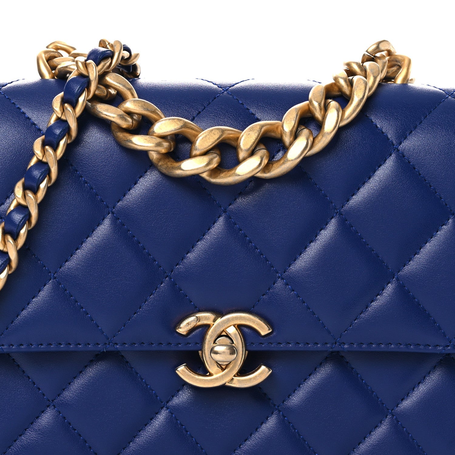 Calfskin Quilted Small Dual Handle Chain Flap Bag  Blue