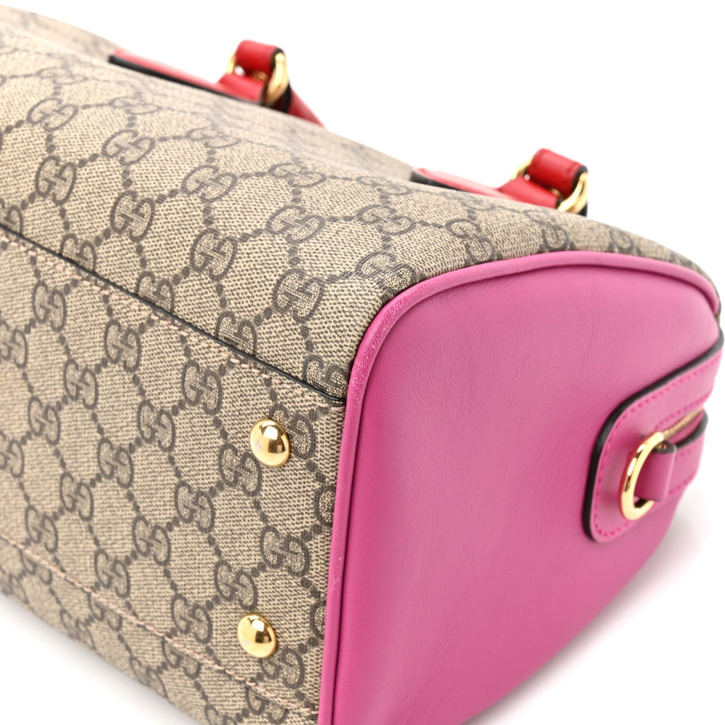 GG Supreme Monogram Moon Calfskin Small Boston Beige Ebony Hibiscus Red New Rosette