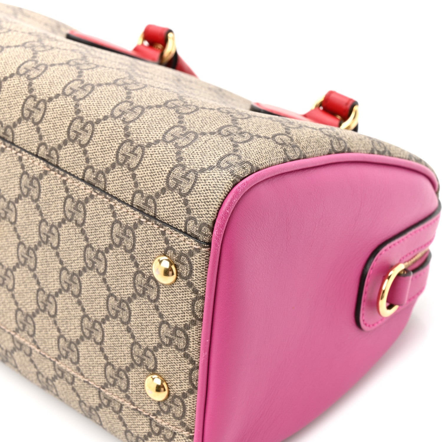 GG Supreme Monogram Moon Calfskin Small Boston Beige Ebony Hibiscus Red New Rosette