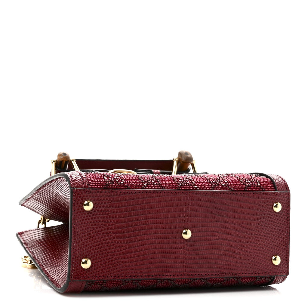 Moire Fabric Calfskin Rhinestone Monogram Monochrome Lizard Embossed Mini Diana Tote Bag Red