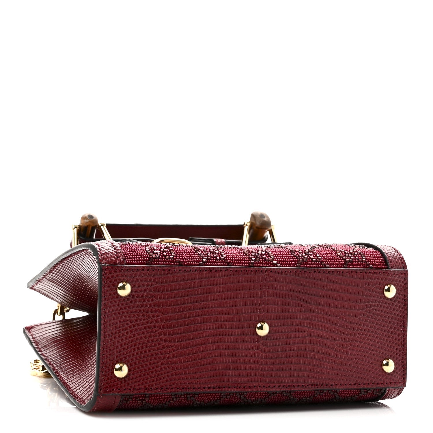 Moire Fabric Calfskin Rhinestone Monogram Monochrome Lizard Embossed Mini Diana Tote Bag Red