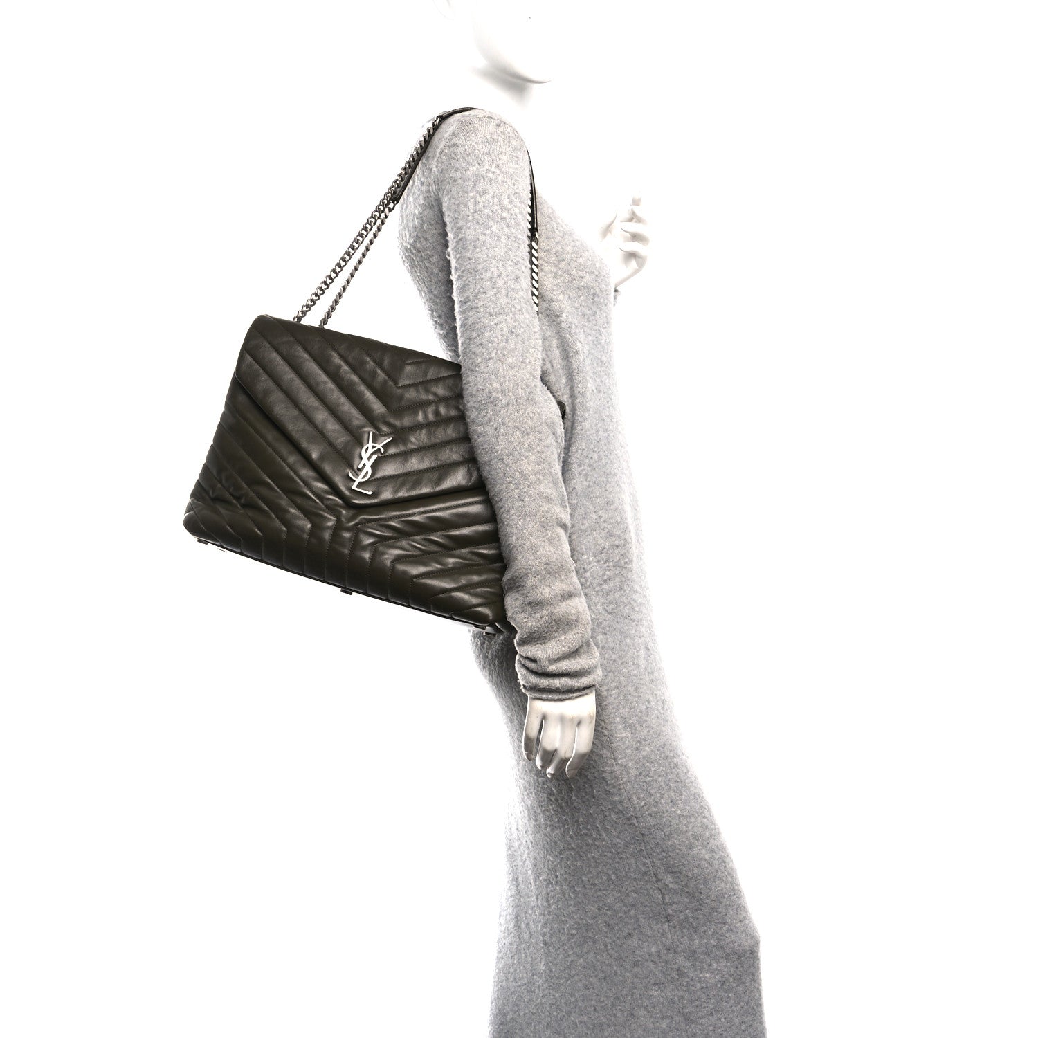 Calfskin Y Quilted Monogram Large Loulou Chain Satchel Kaki Fonce
