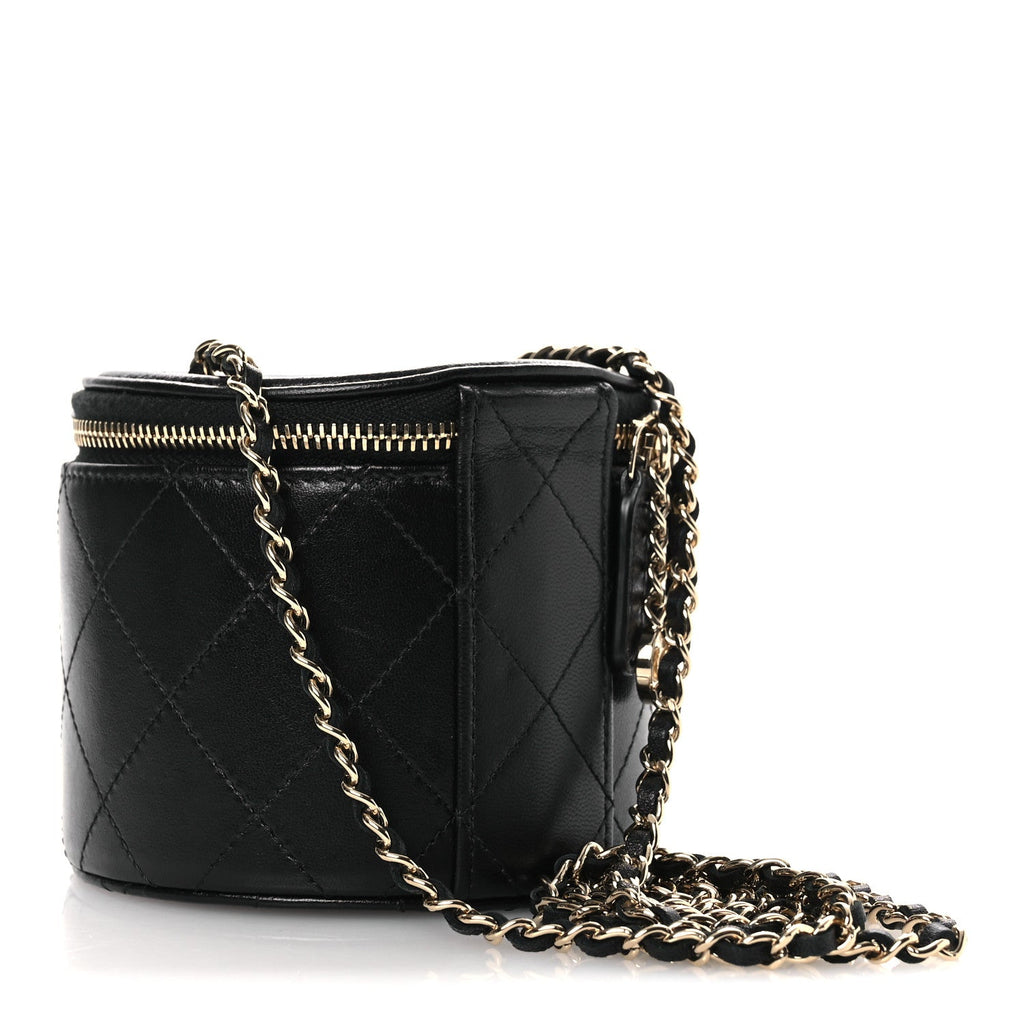Lambskin Quilted Round Small Vanity Case With Chain Black