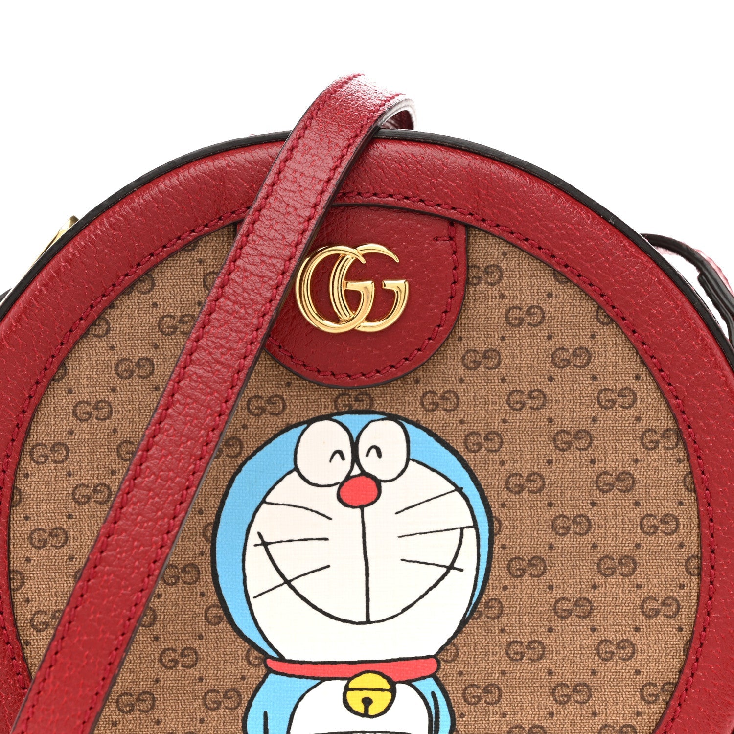 X DORAEMON Mini Vintage GG Supreme Monogram Mini Round Shoulder Bag Beige Cherry Red