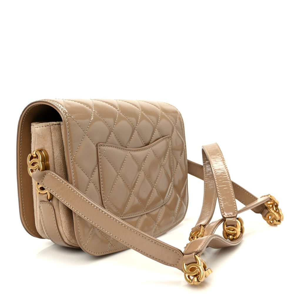 Shiny Calfskin Quilted Suede Goatskin Mini Messenger Beige