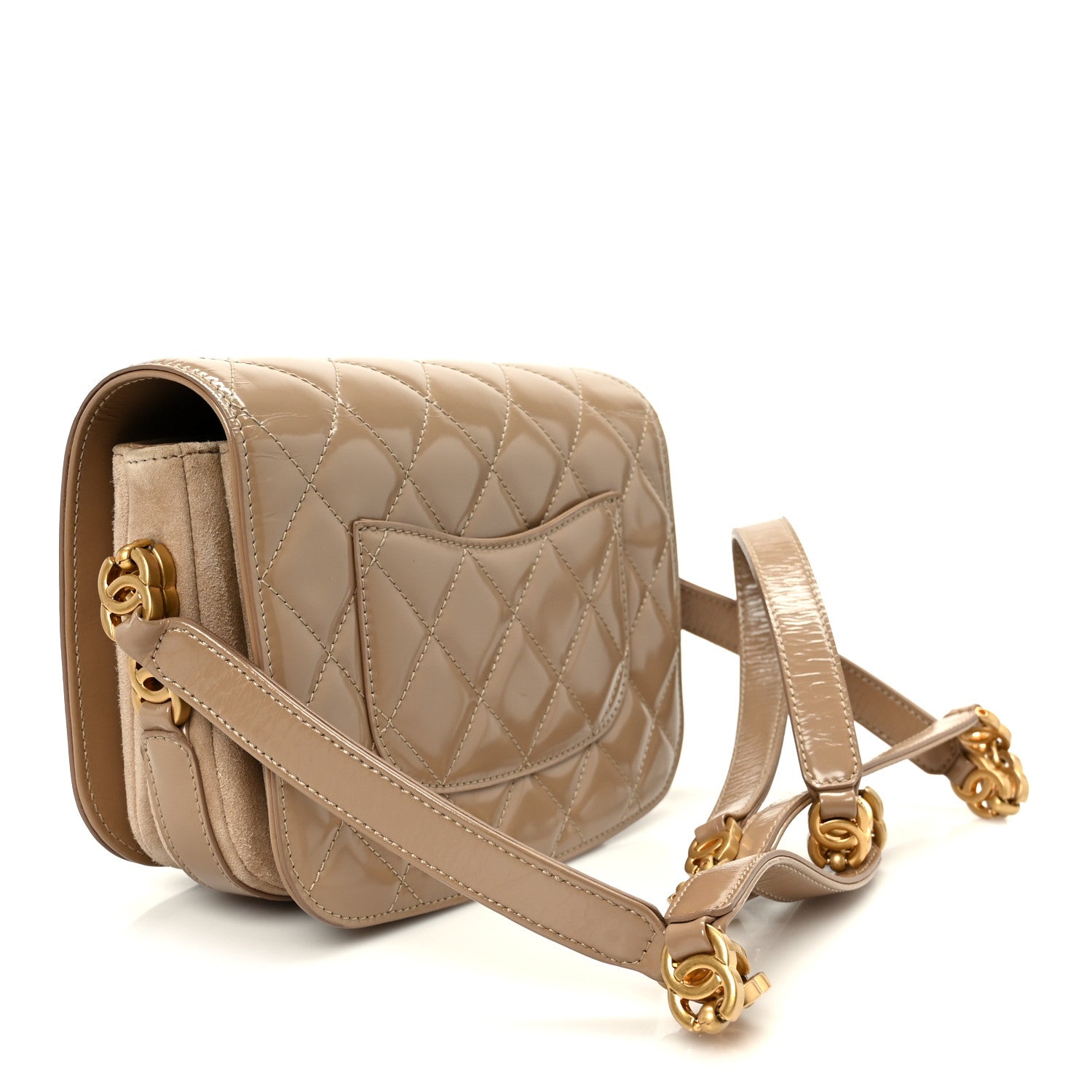 Shiny Calfskin Quilted Suede Goatskin Mini Messenger Beige