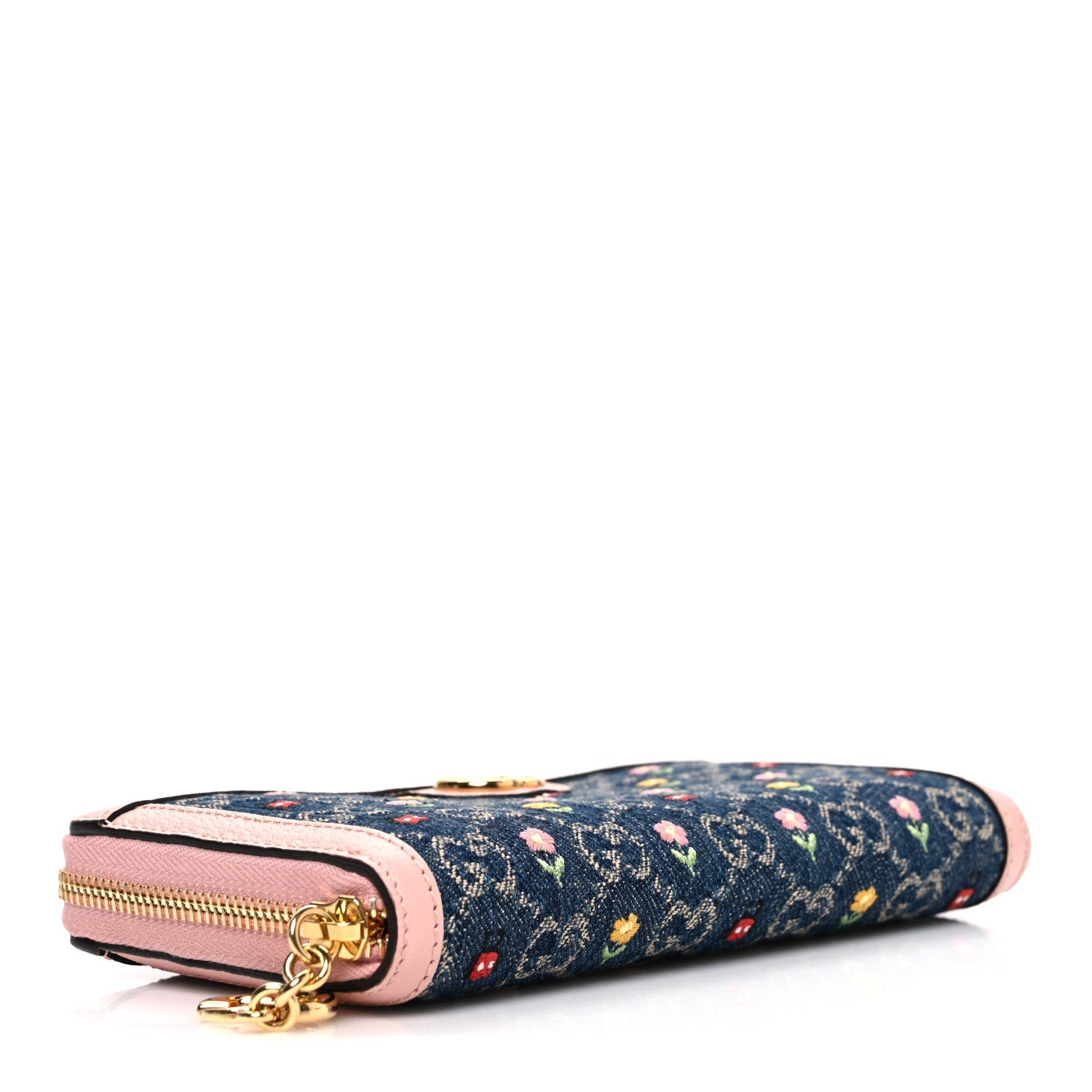 New Denim GG Monogram Calfskin Love Parade Zip Around Wallet Light Pink