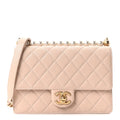 Goatskin Quilted Small Chic Pearls Flap Beige