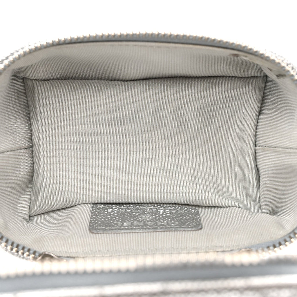 Metallic Caviar Quilted Mini Top Handle Vanity With Chain Silver