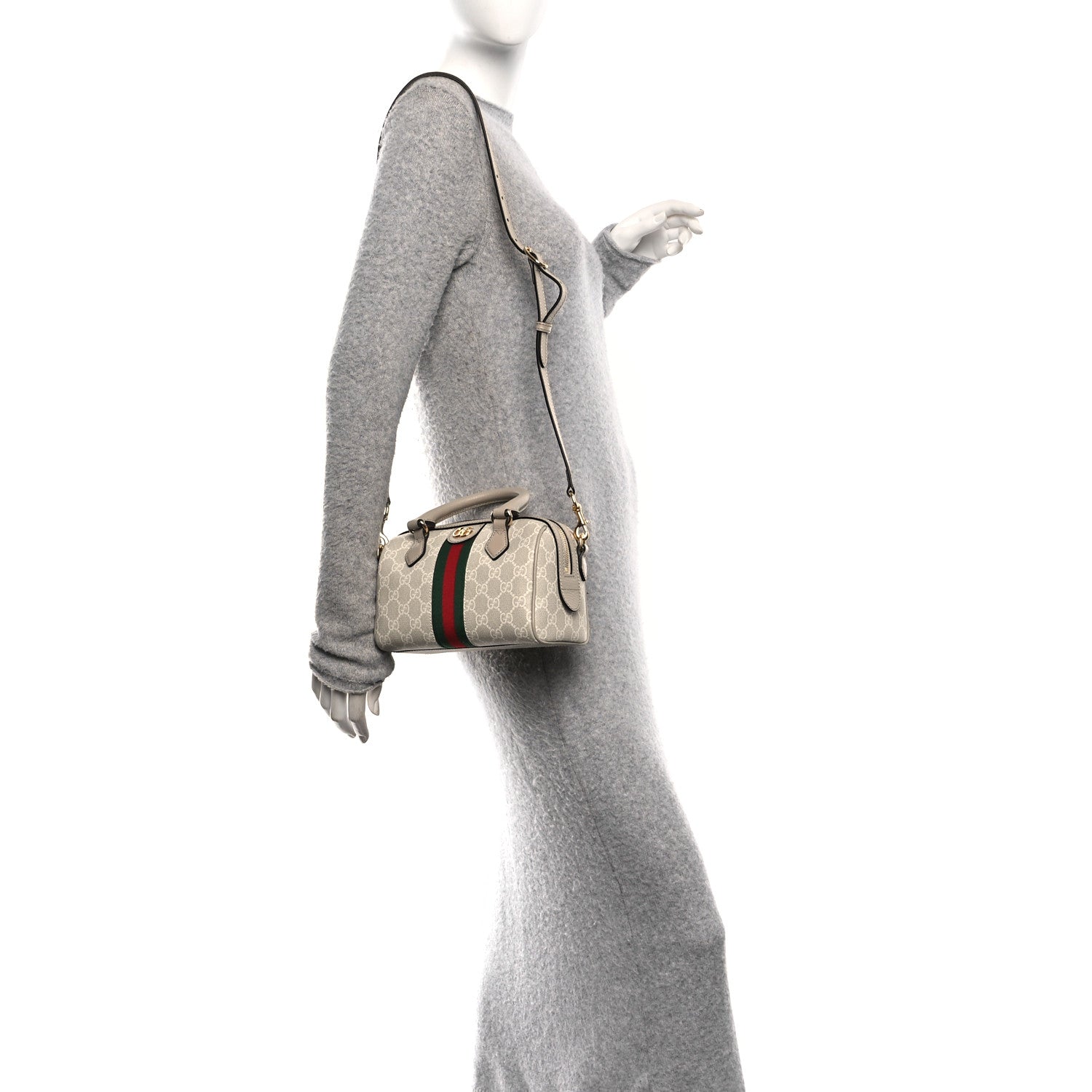GG Supreme Monogram Textured Dollar Calfskin Web Ophidia Mini Top Handle Bag Beige Mystic White Oatmeal