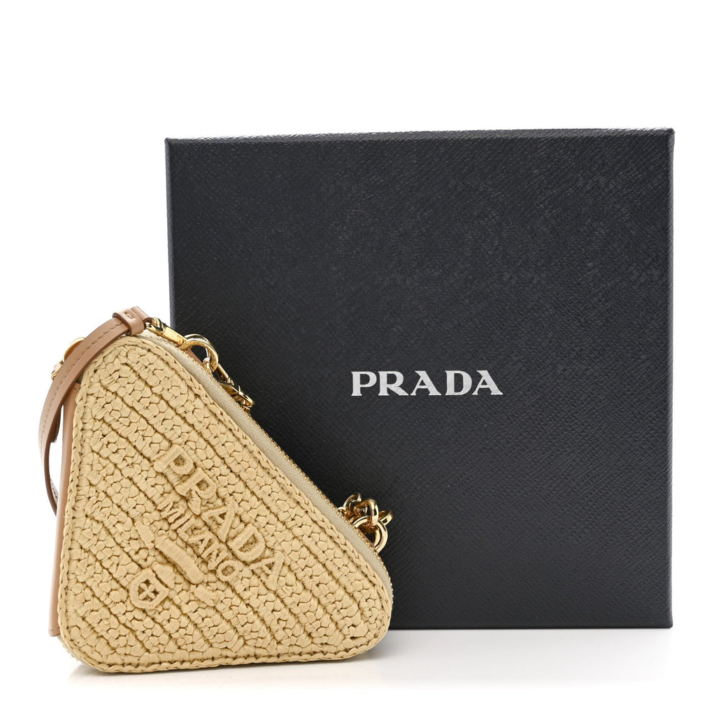Raffia Calfskin Crochet Logo Embroidered Mini Triangle Crossbody Pouch Naturale