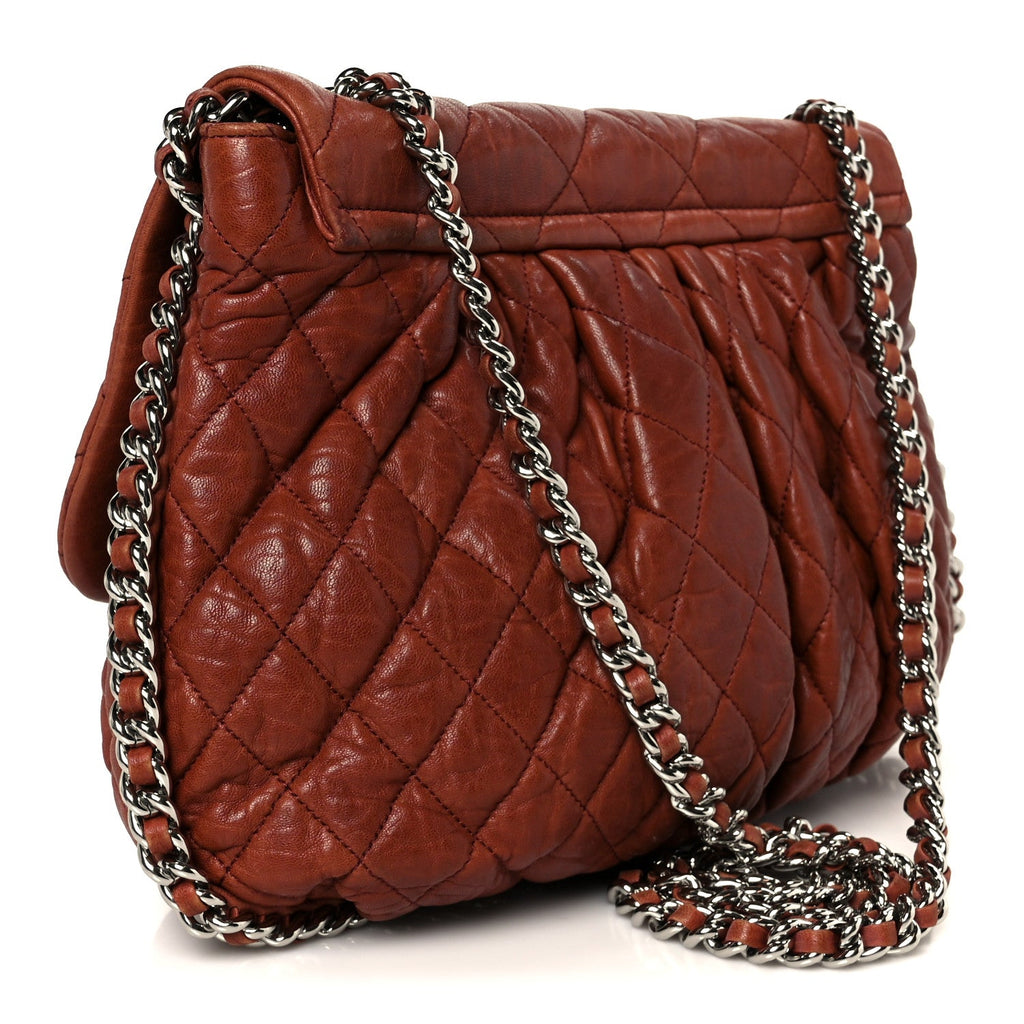 Washed Lambskin Quilted Medium Chain Around Messenger Brown