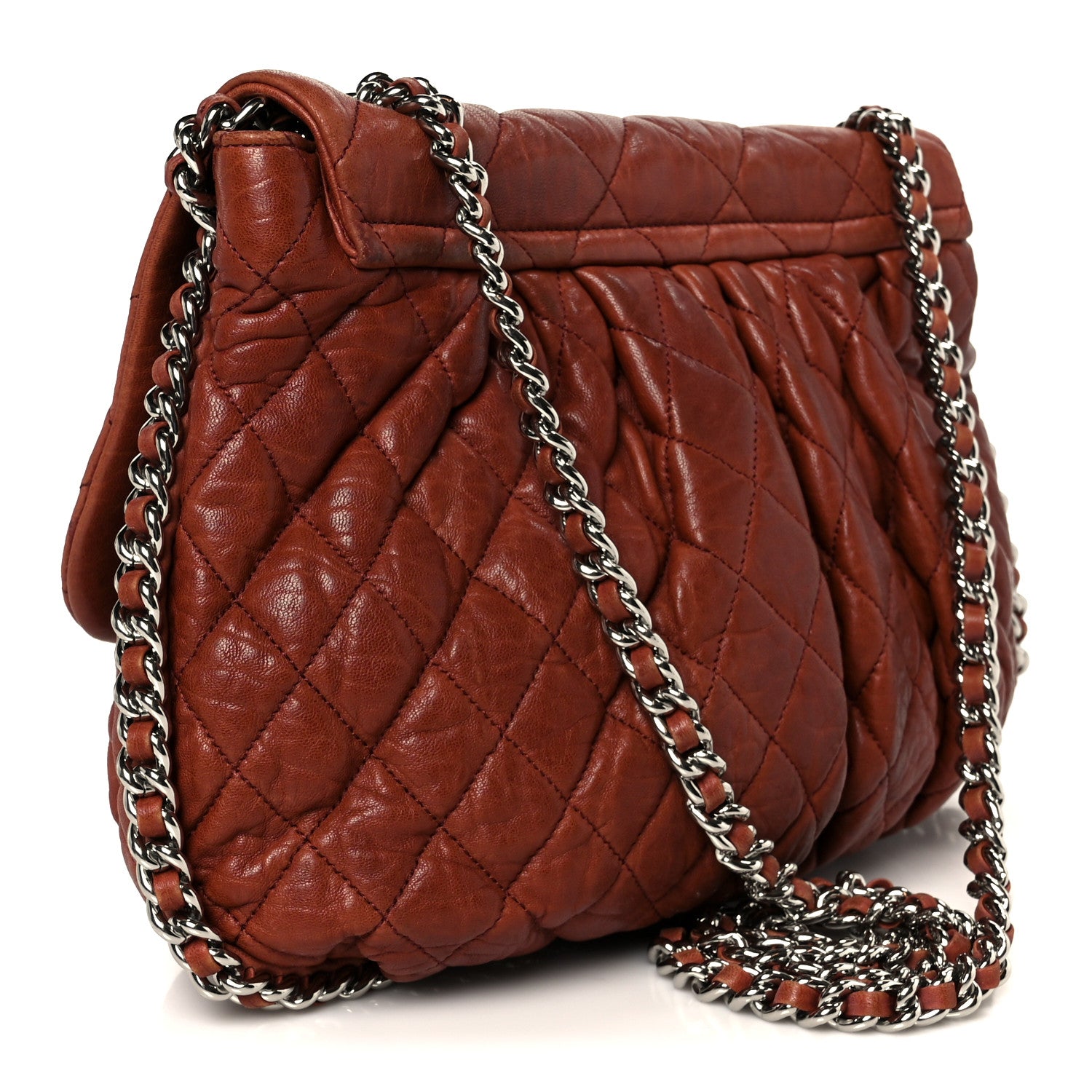 Washed Lambskin Quilted Medium Chain Around Messenger Brown