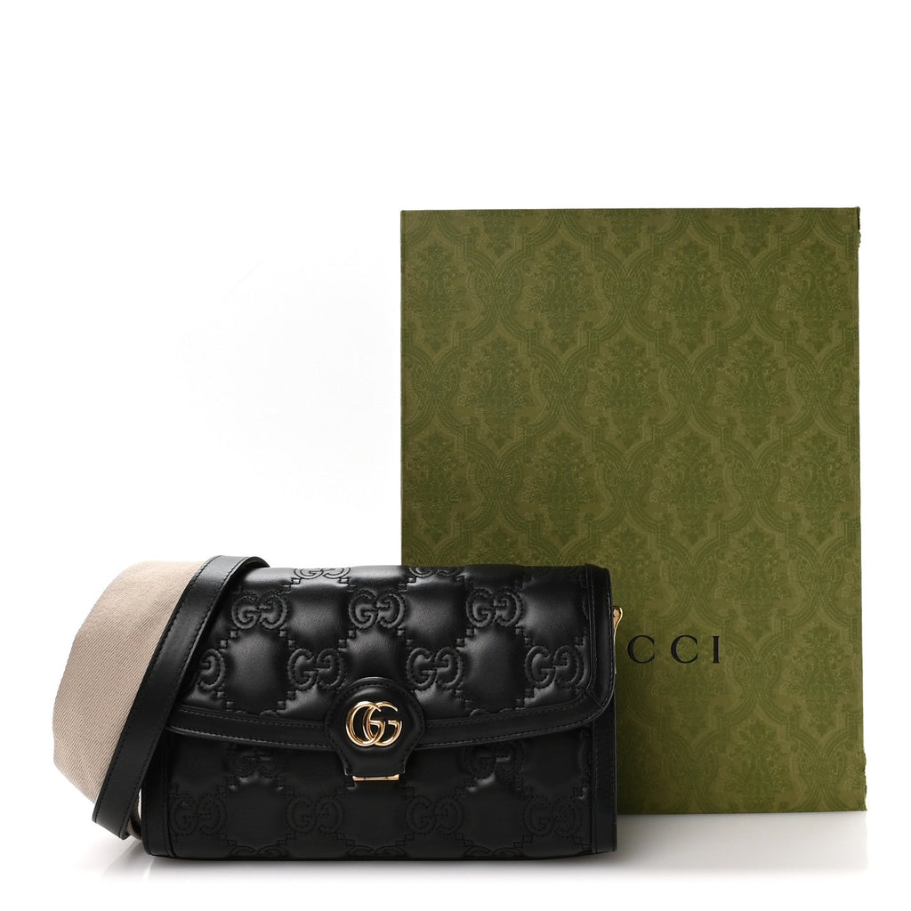 Calfskin GG Matelasse Small Flap Shoulder Bag Black Natural