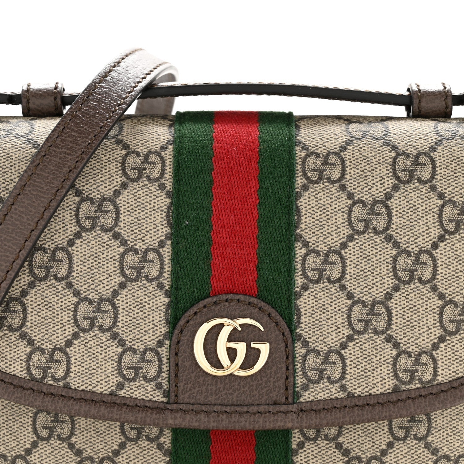 GG Supreme Monogram Textured Dollar Calfskin Small Ophidia Top Handle Shoulder Bag Beige Brown